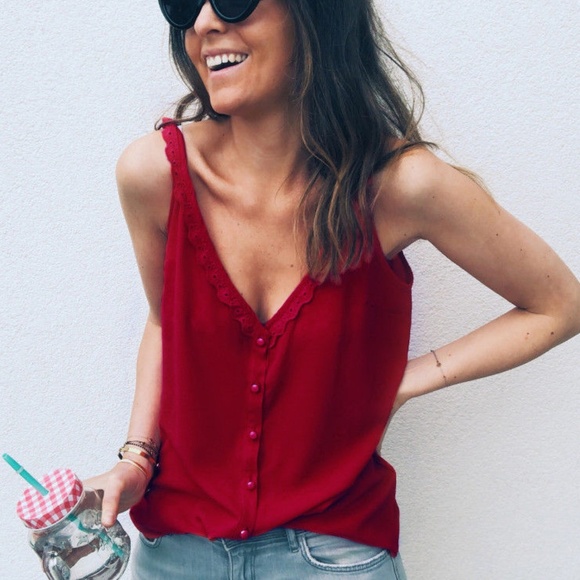 Figleaffashion Tops - Last One! Red Lace Button Front Tank Top